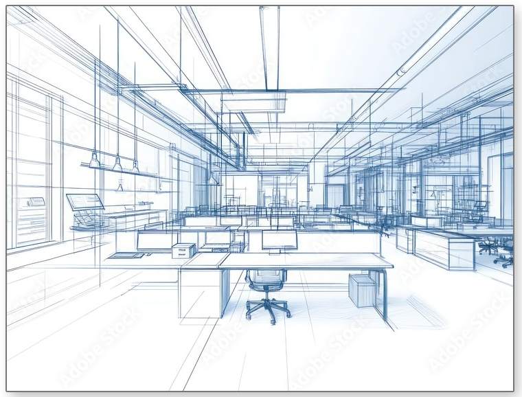 Blue-line perspective rendering of a planned office layout