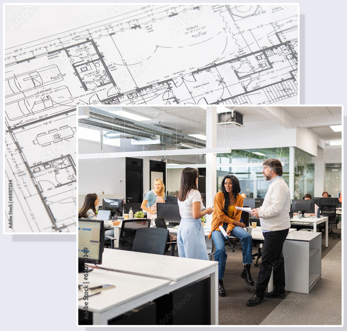Architectural floor plan layered with a photo of a team collaborating in an open office