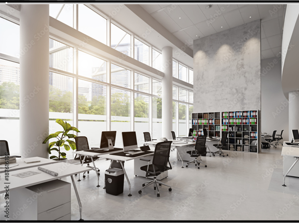 Bright loft office with collaborative desk seating